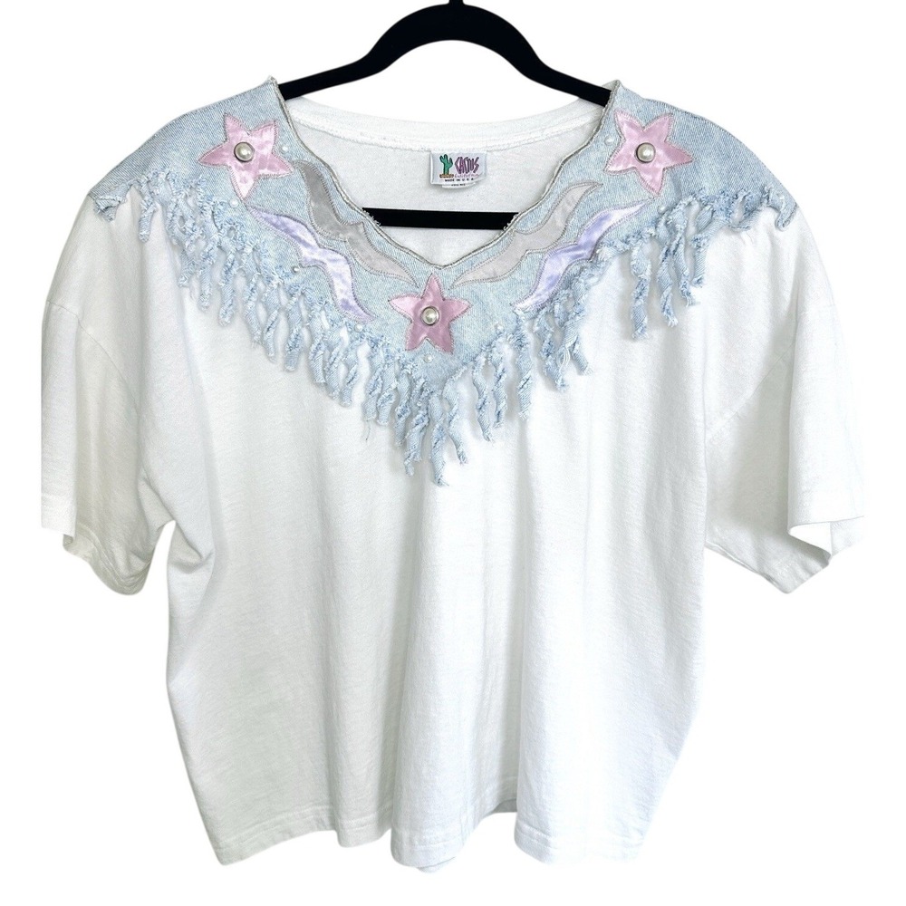 VTG Cactus California Western Fringe T-Shirt White Denim Coastal Cowgirl OS Rare